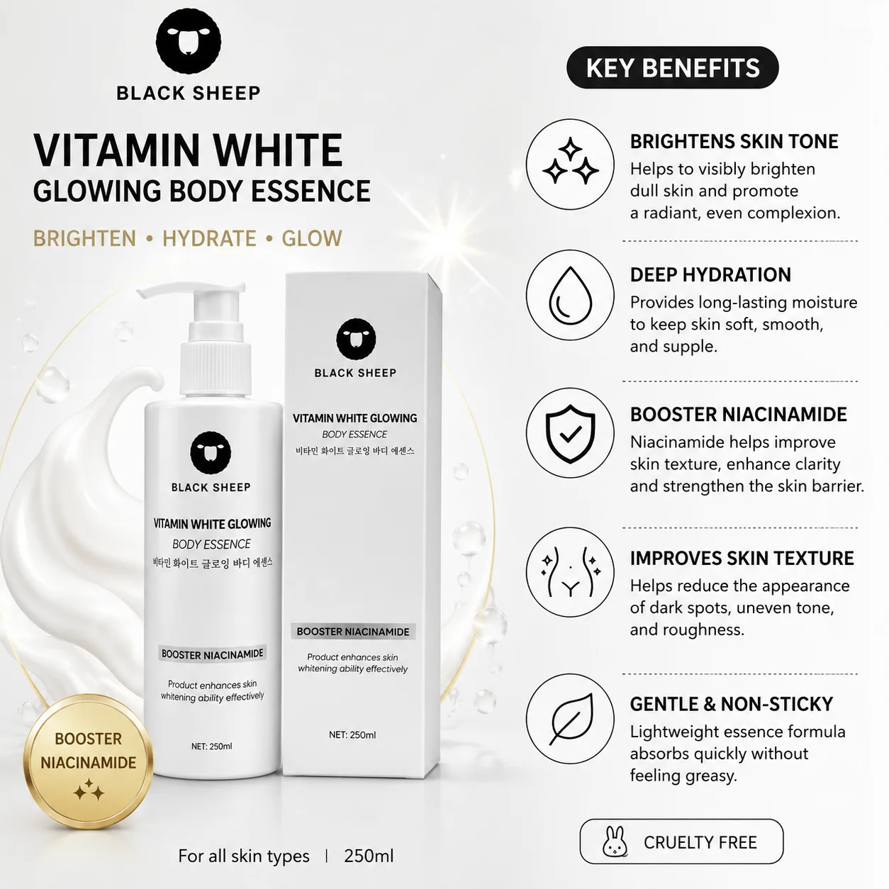 VITAMIN WHITE GLOWING BODY ESSSNCE BLACK SHEEP