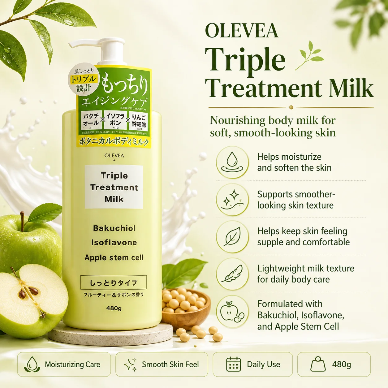BAKUCHIOL ISOFLAVONE APPLE STEM CELL OLEVEA TRIPLE TREATMENT MILK